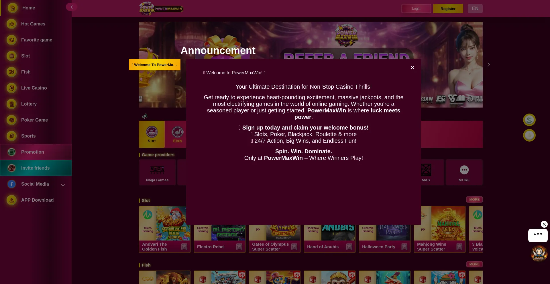 Website screenshot of Powermaxwin888.live
