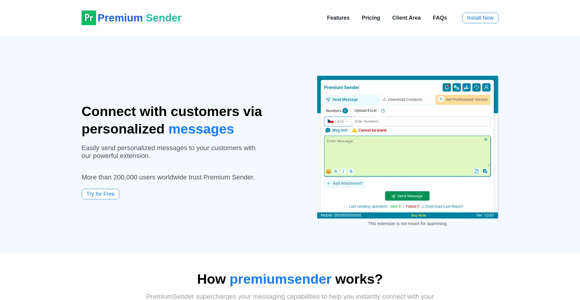 Website screenshot of Premiumsender.in