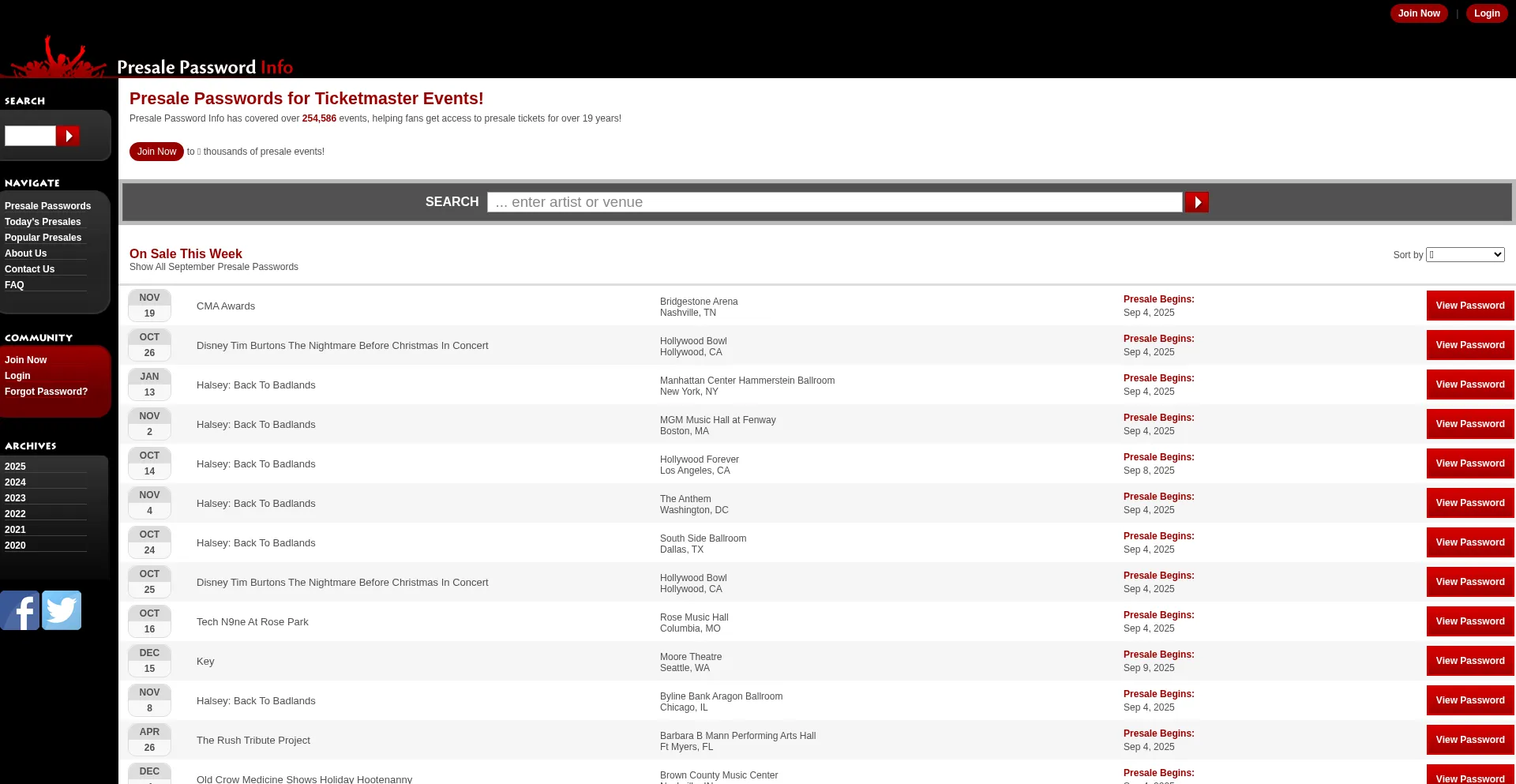 Website screenshot of Presalepasswordinfo.com