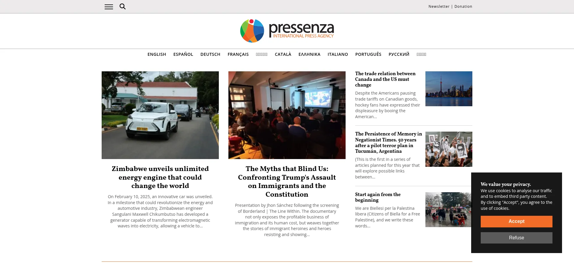Website screenshot of Pressenza.com