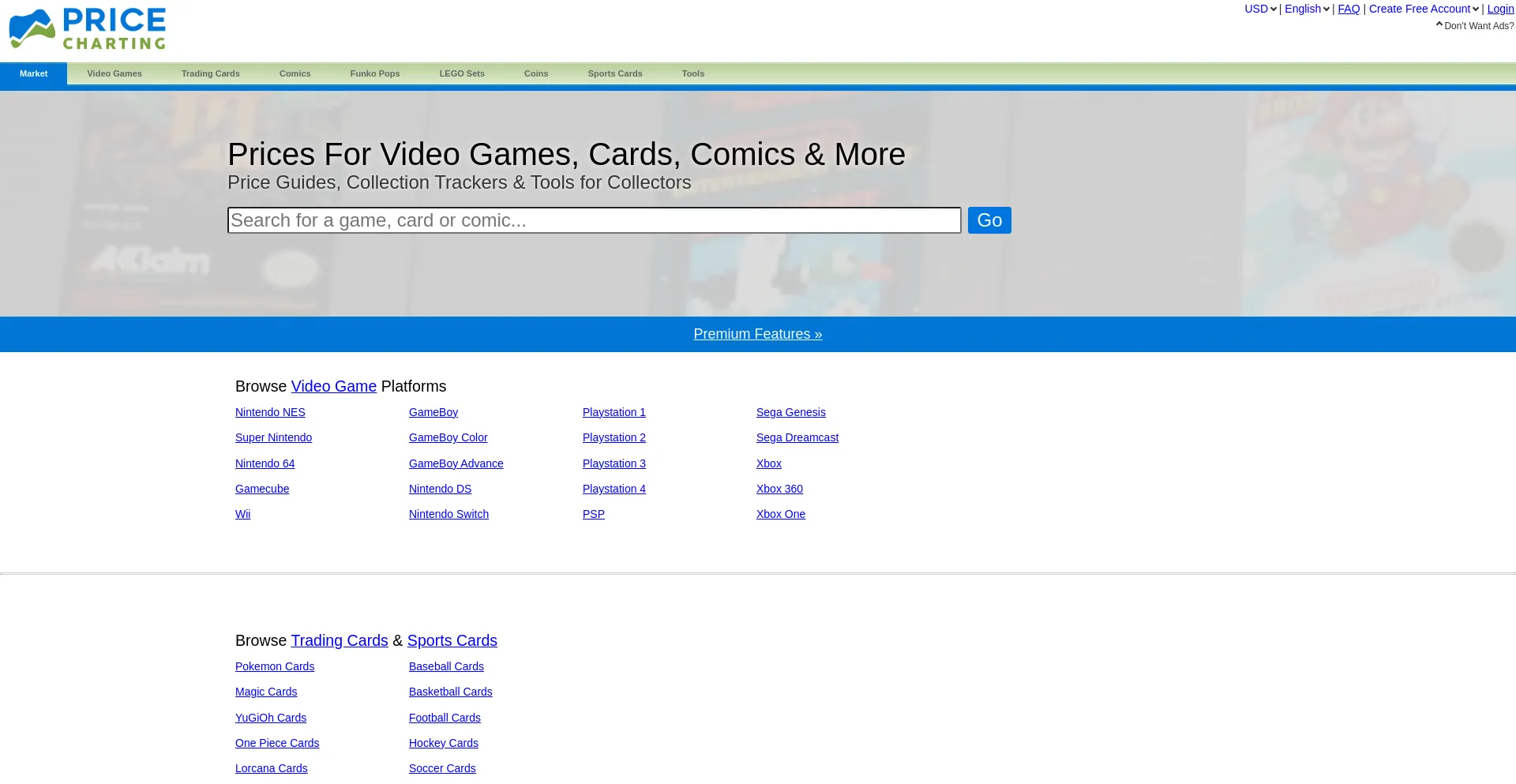 Website screenshot of Pricecharting.com