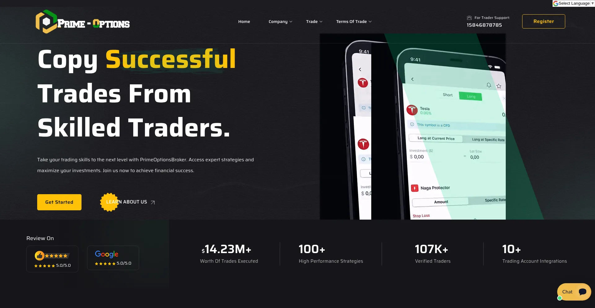 Website screenshot of Primeoptionsbroker.com