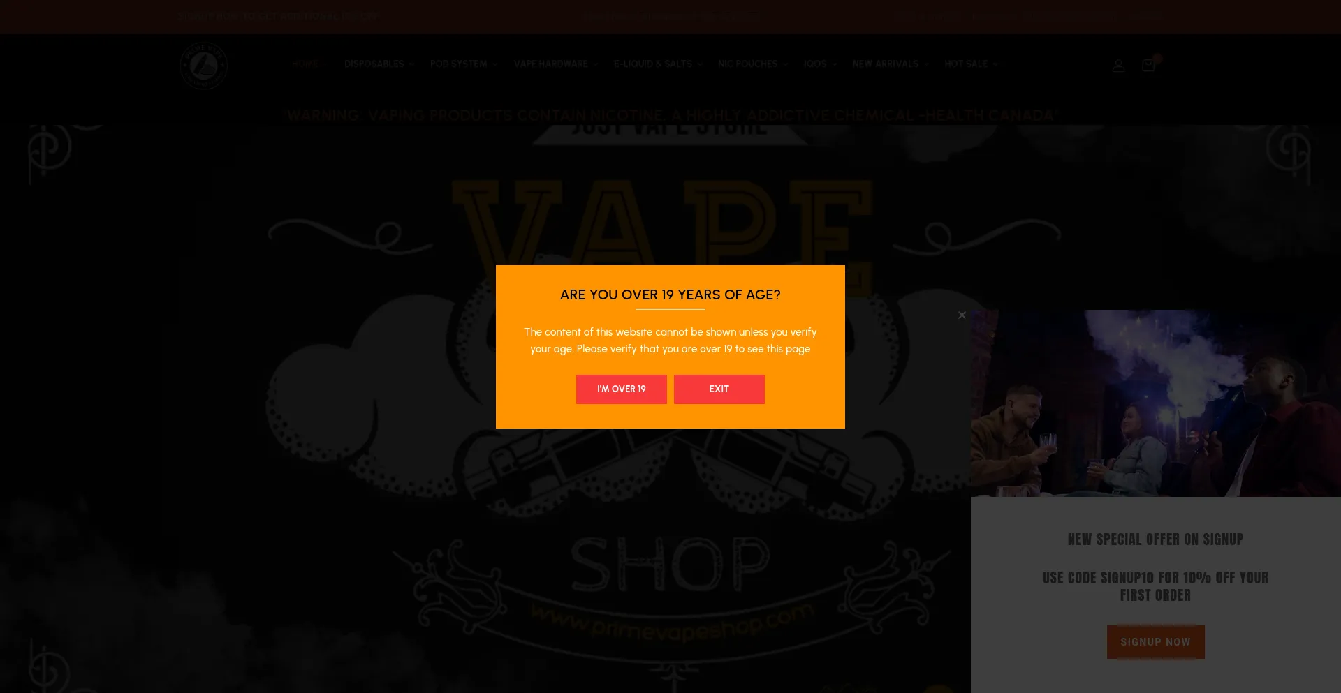 Website screenshot of Primevapeshop.com