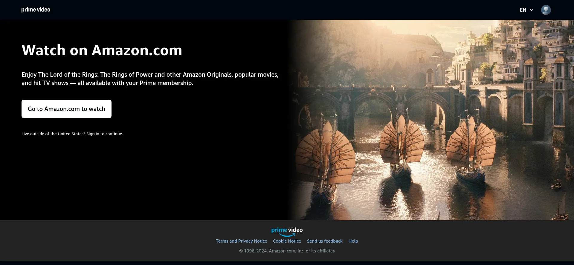 Website screenshot of Primevideo.com