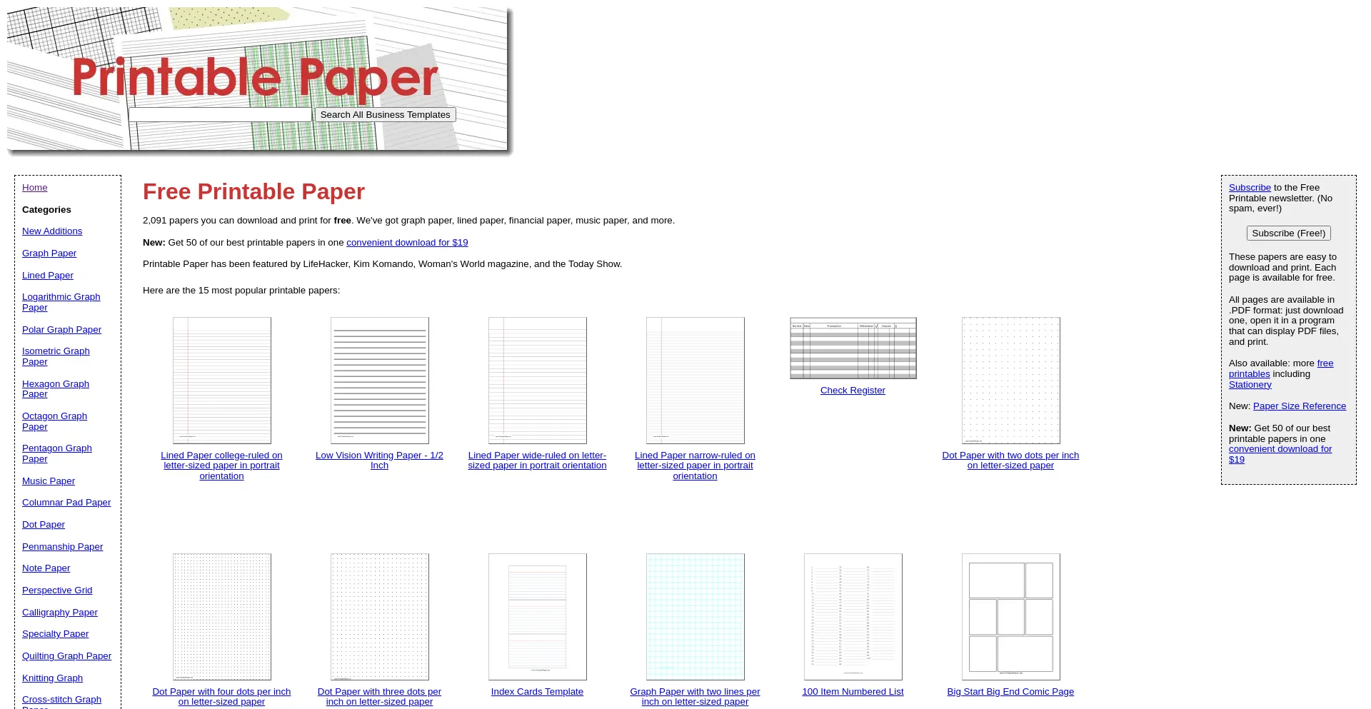 Website screenshot of Printablepaper.net