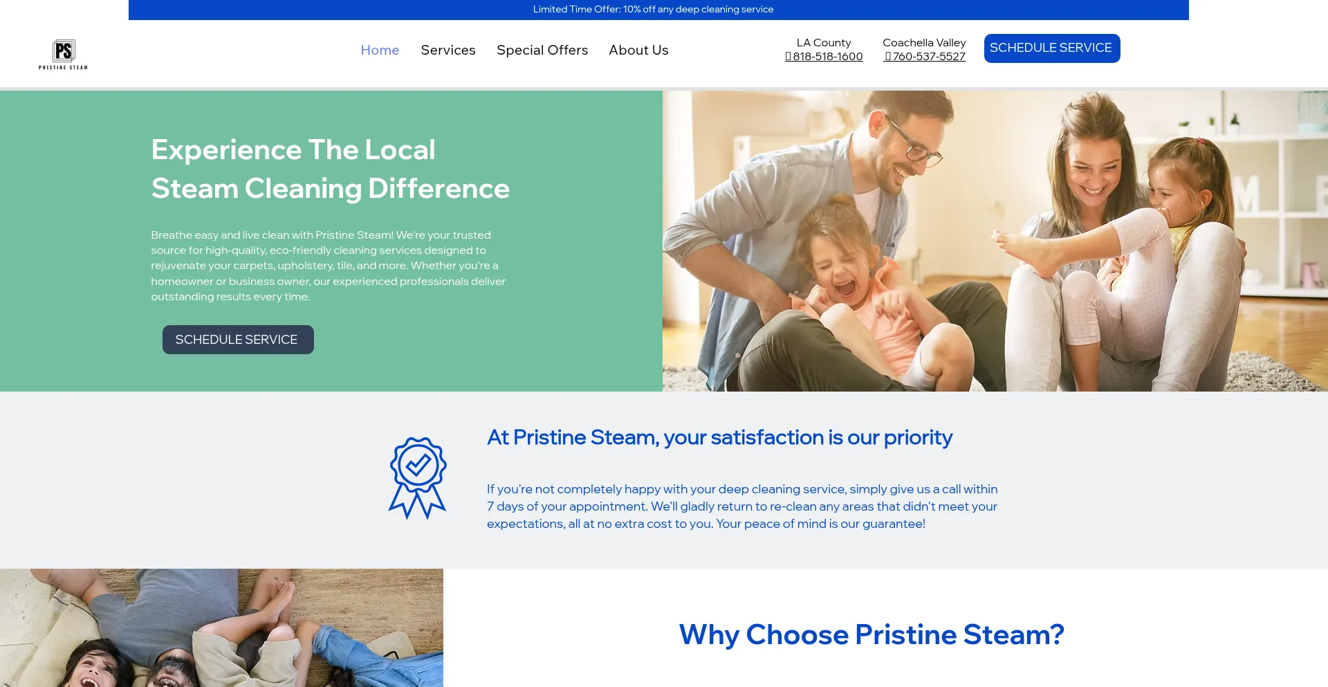 Website screenshot of Pristinesteam.com