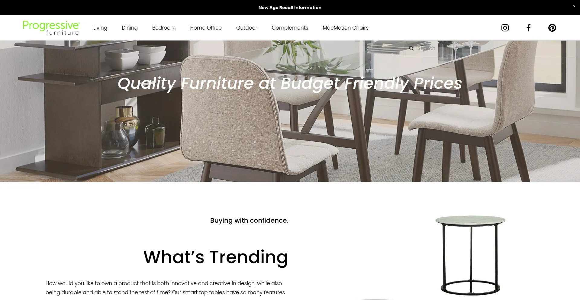 Website screenshot of Progressivefurniture.com