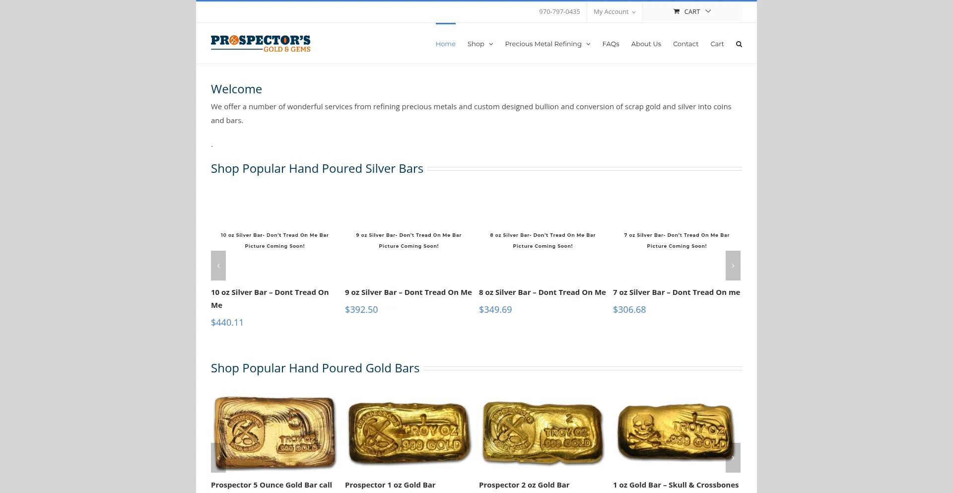 Website screenshot of Prospectorsgoldandgems.com