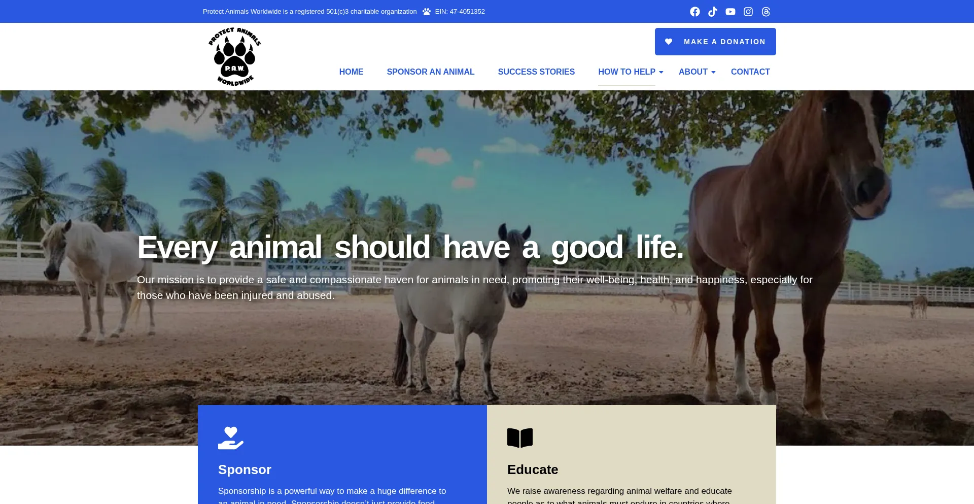 Website screenshot of Protectanimalsworldwide.org