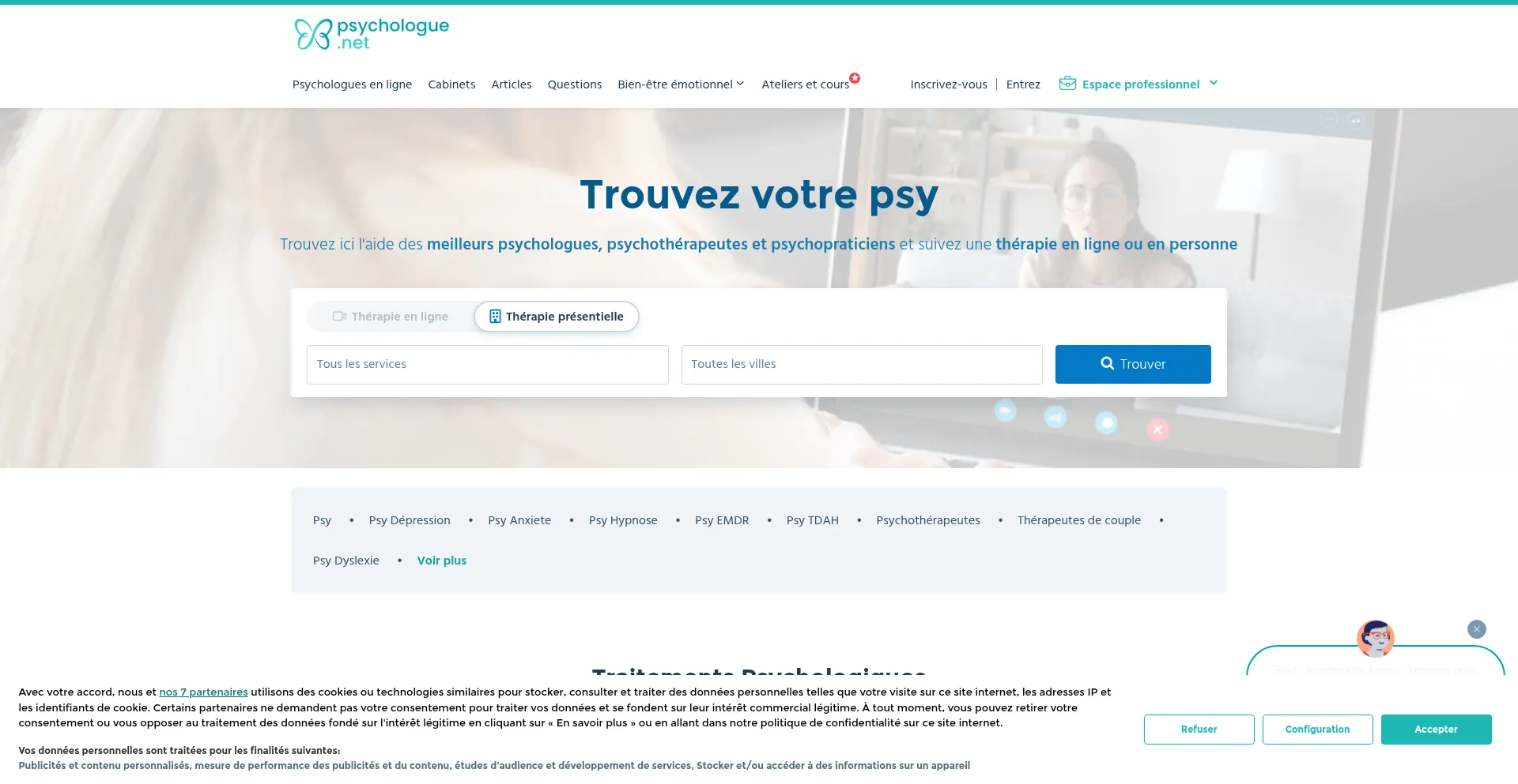 Website screenshot of Psychologue.net