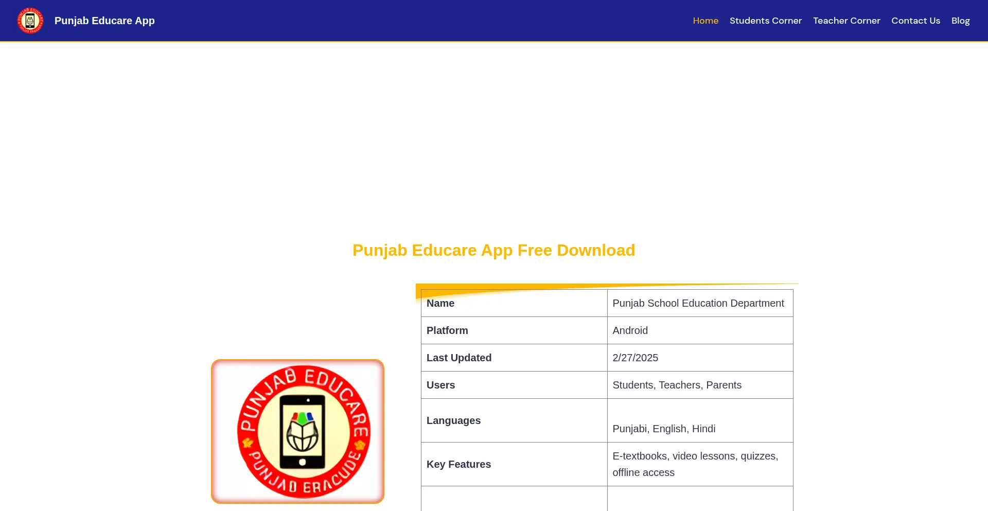 Website screenshot of Punjabeducareapp.com