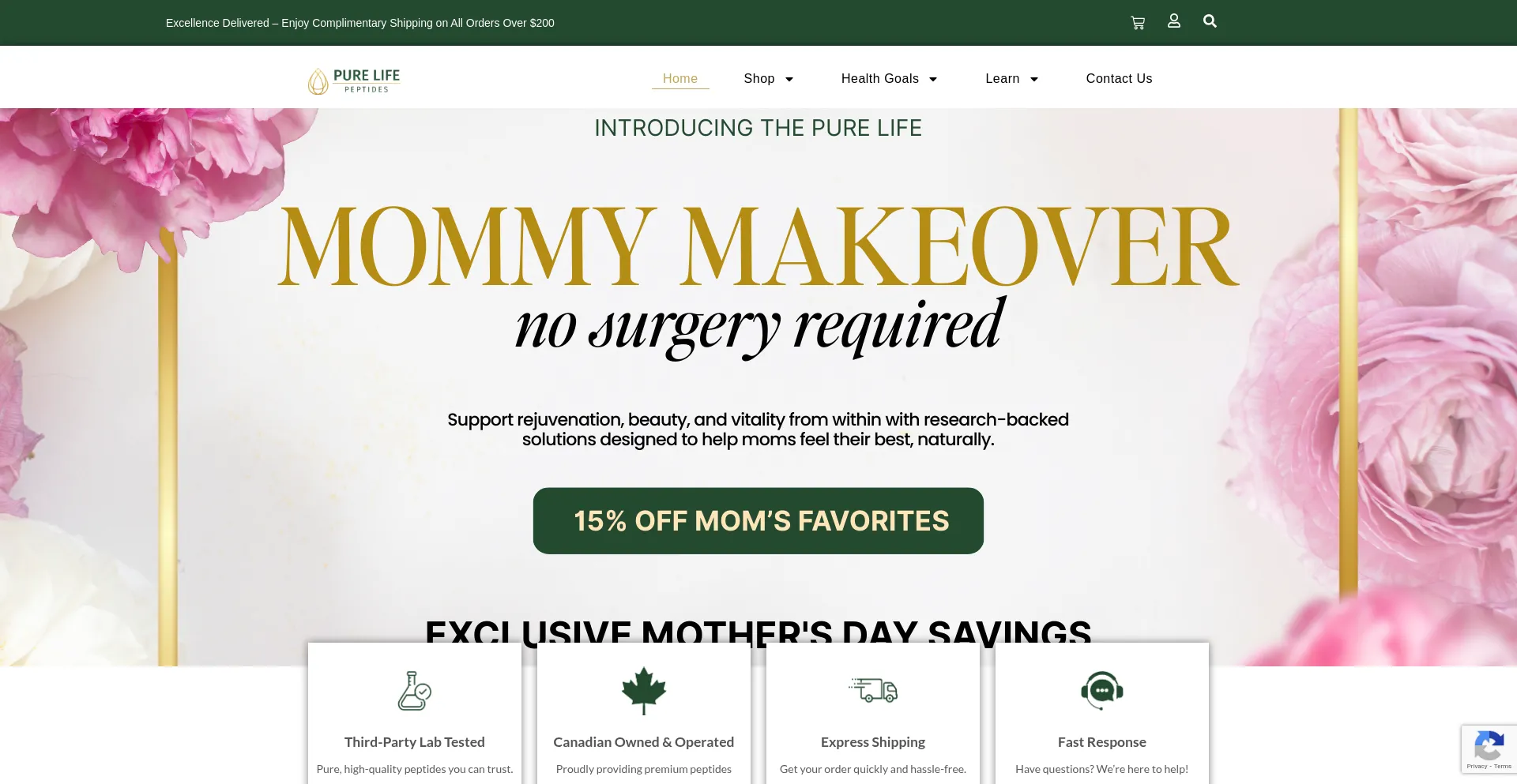 Website screenshot of Purelifepeptides.com