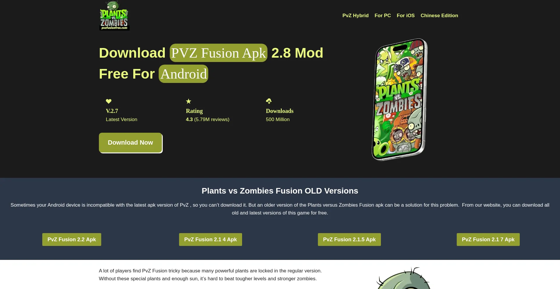 Website screenshot of Pvzfusionfree.com