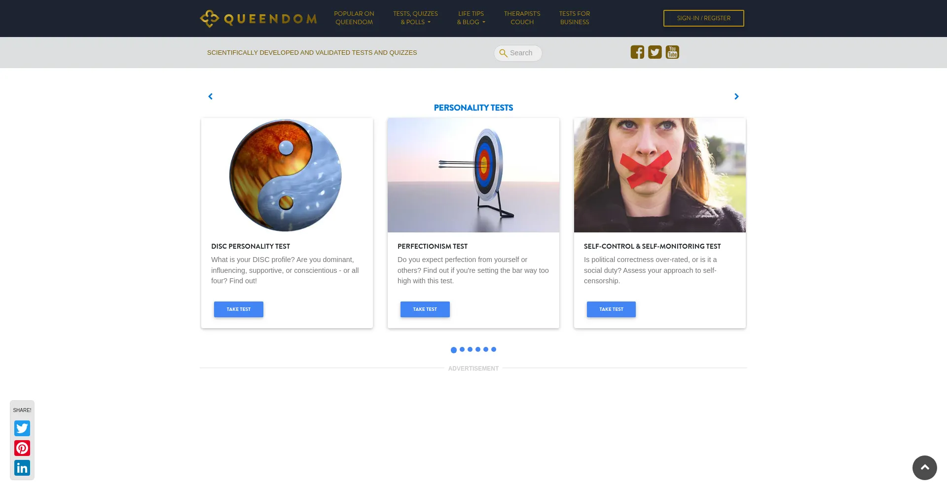 Website screenshot of Queendom.com