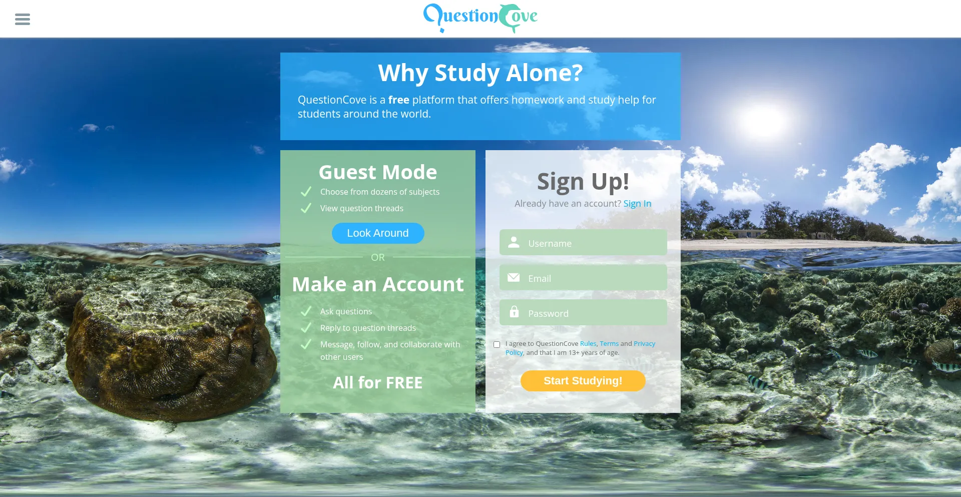 Website screenshot of Questioncove.com