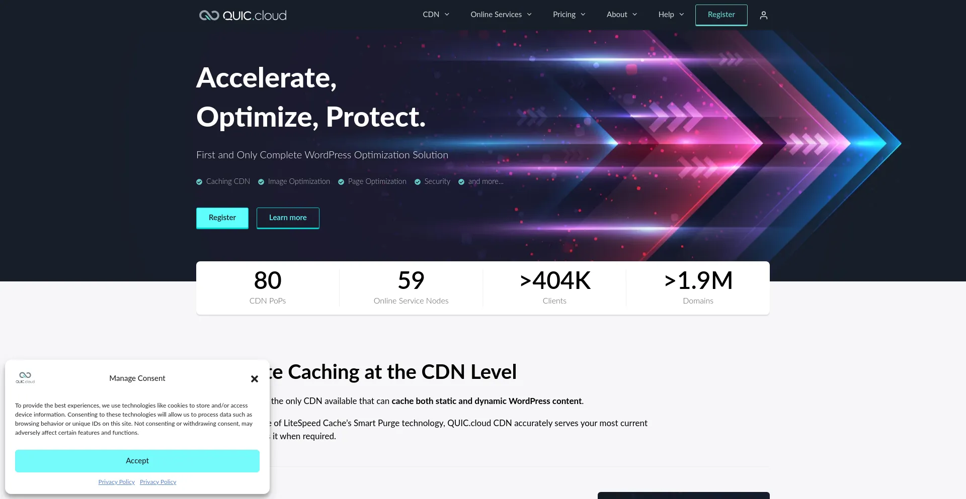 Website screenshot of Quic.cloud