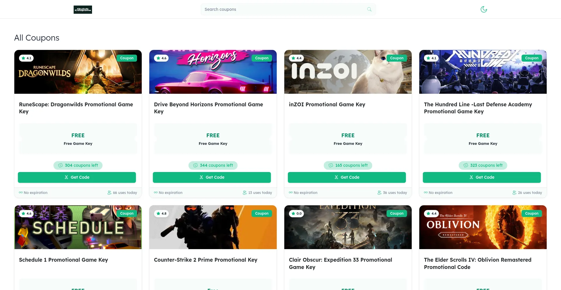 Website screenshot of Quickcoupons.org