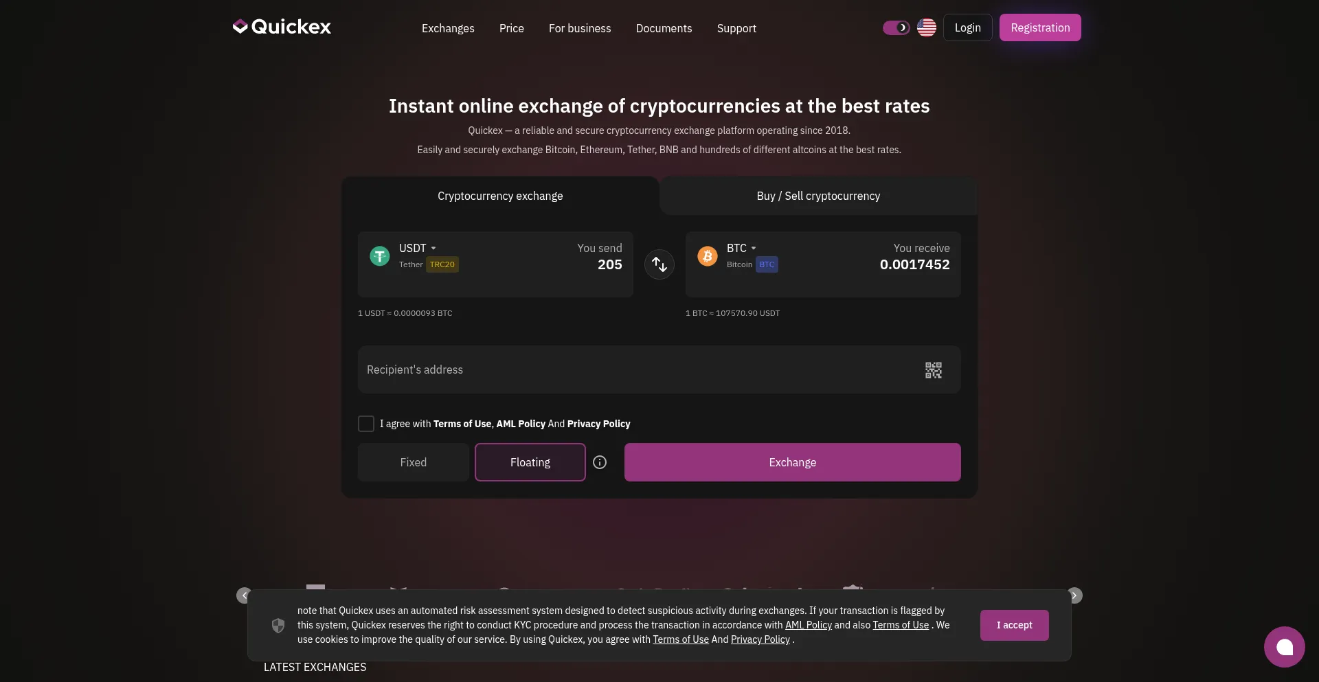 Website screenshot of Quickex.io