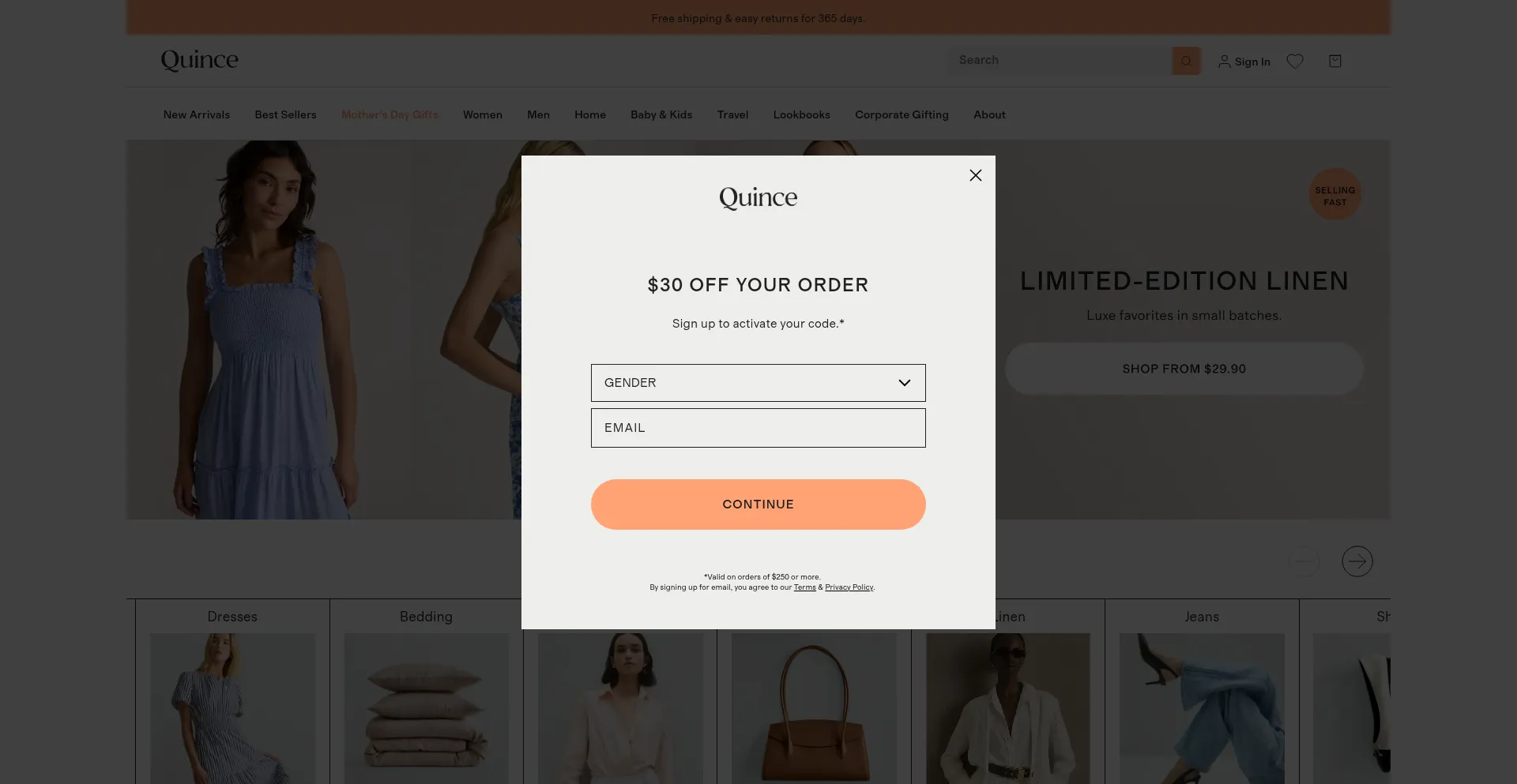 Website screenshot of Quince.com