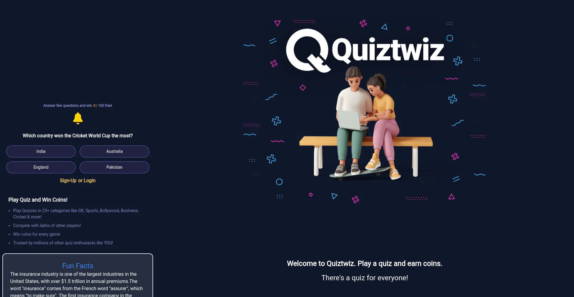Website screenshot of Quiztwiz.com