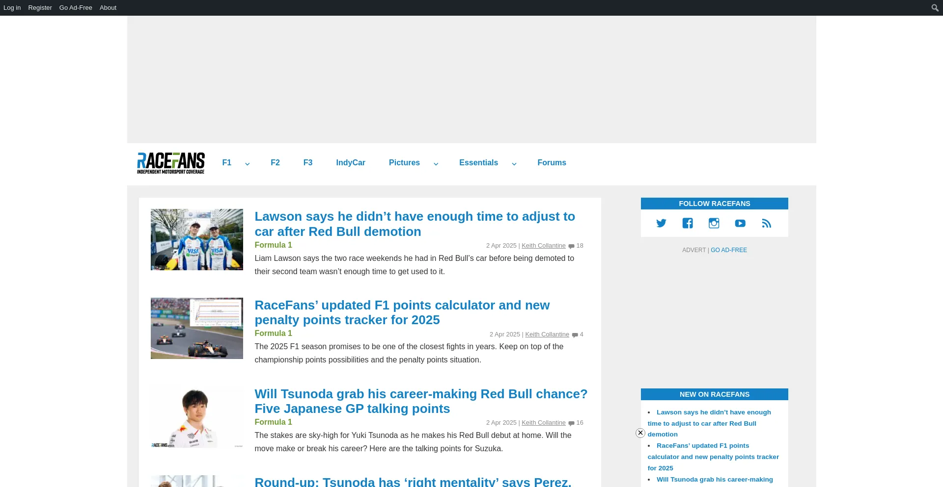 Website screenshot of Racefans.net