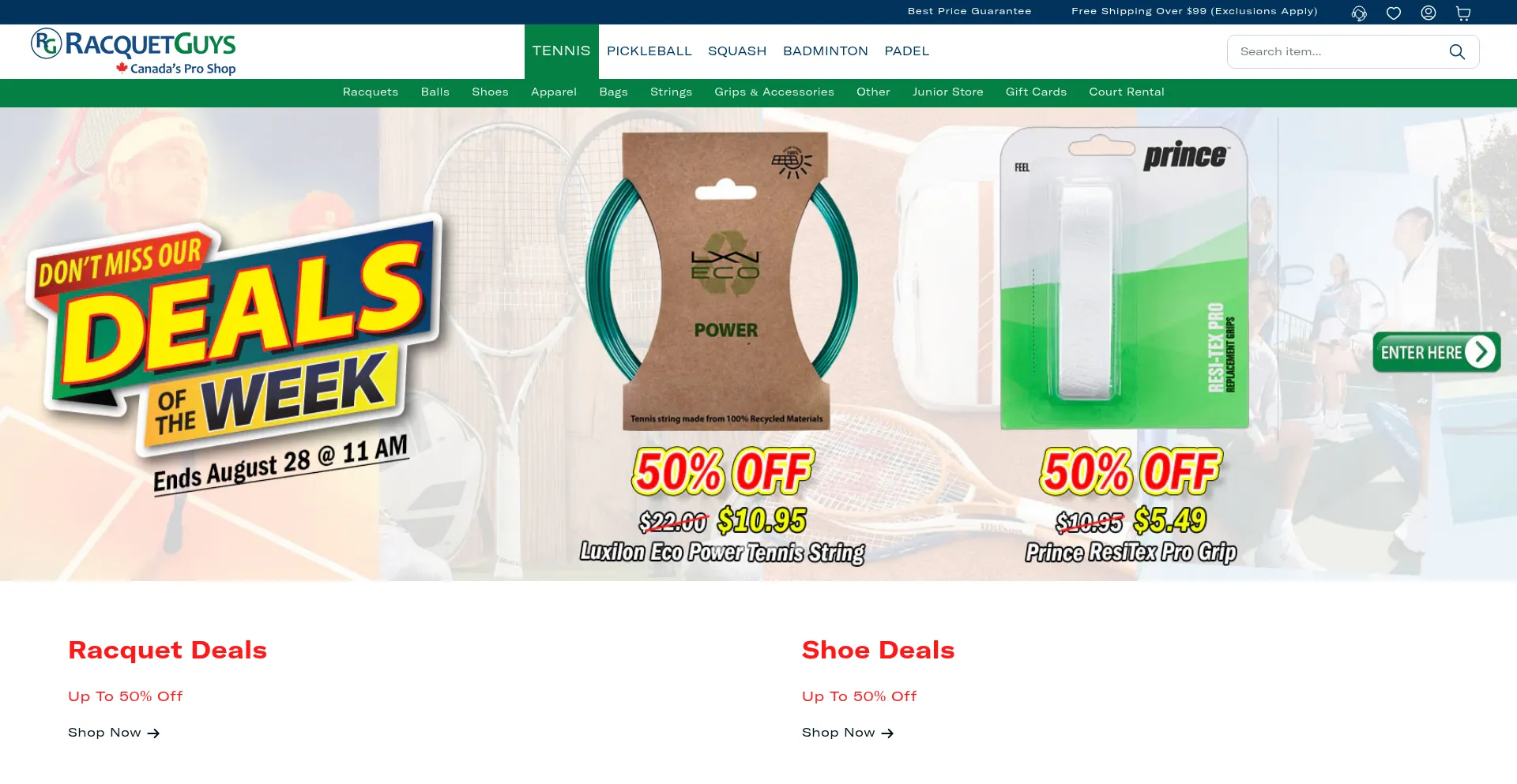 Website screenshot of Racquetguys.com