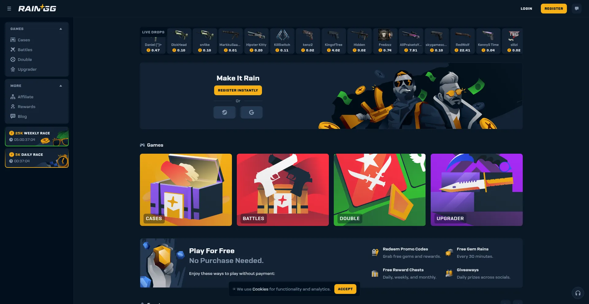 Website screenshot of Rain.gg
