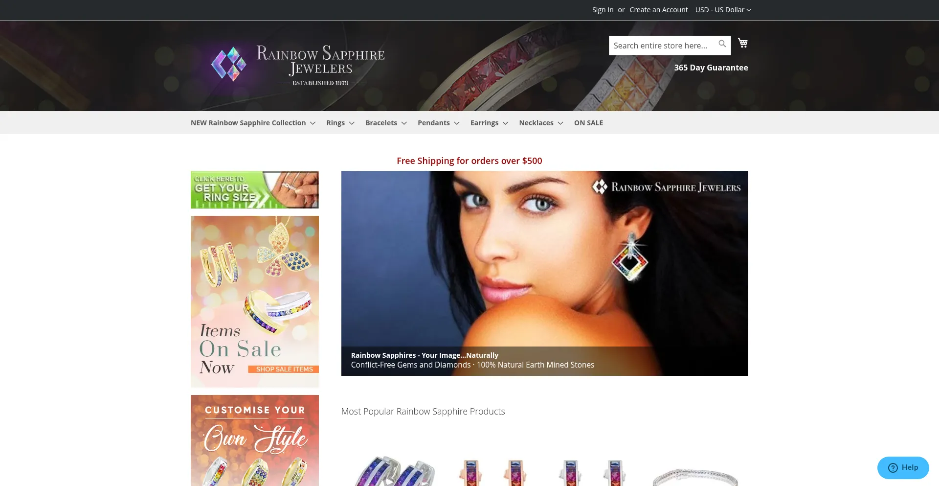 Website screenshot of Rainbowsapphirejewelers.com