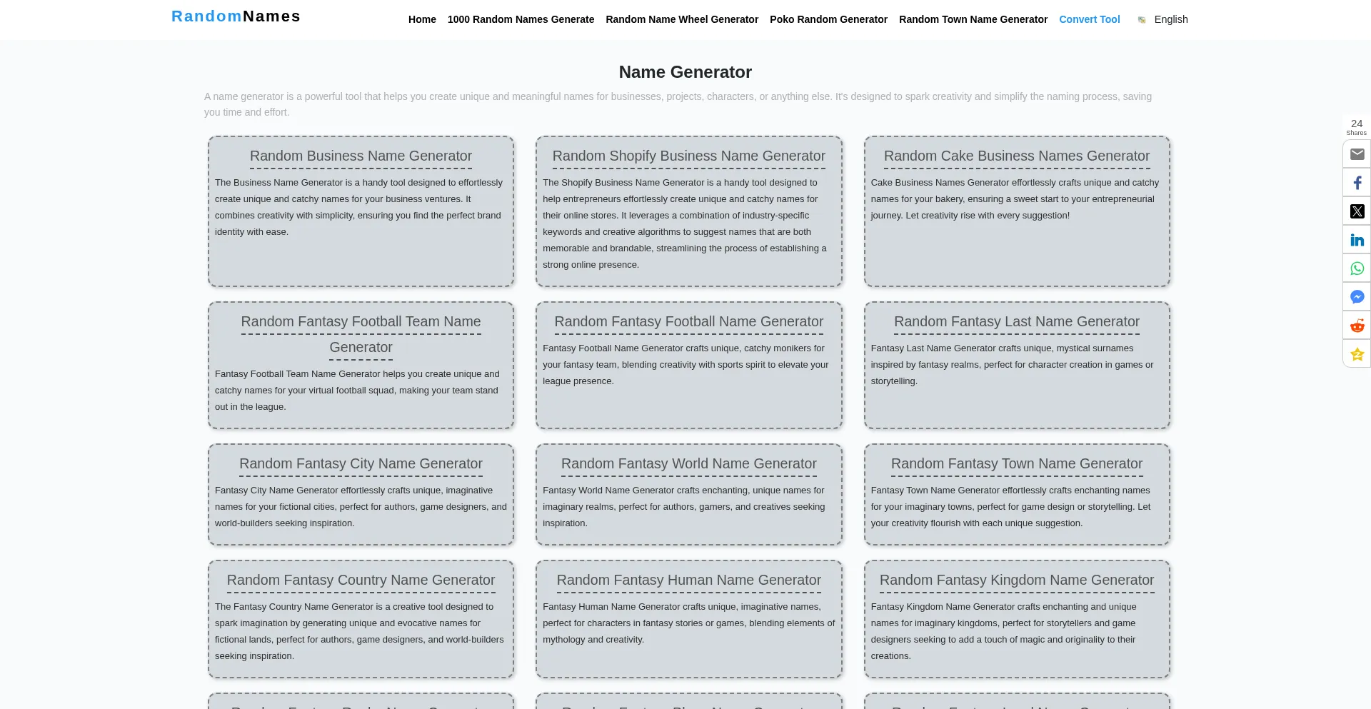 Website screenshot of Randomnames.online
