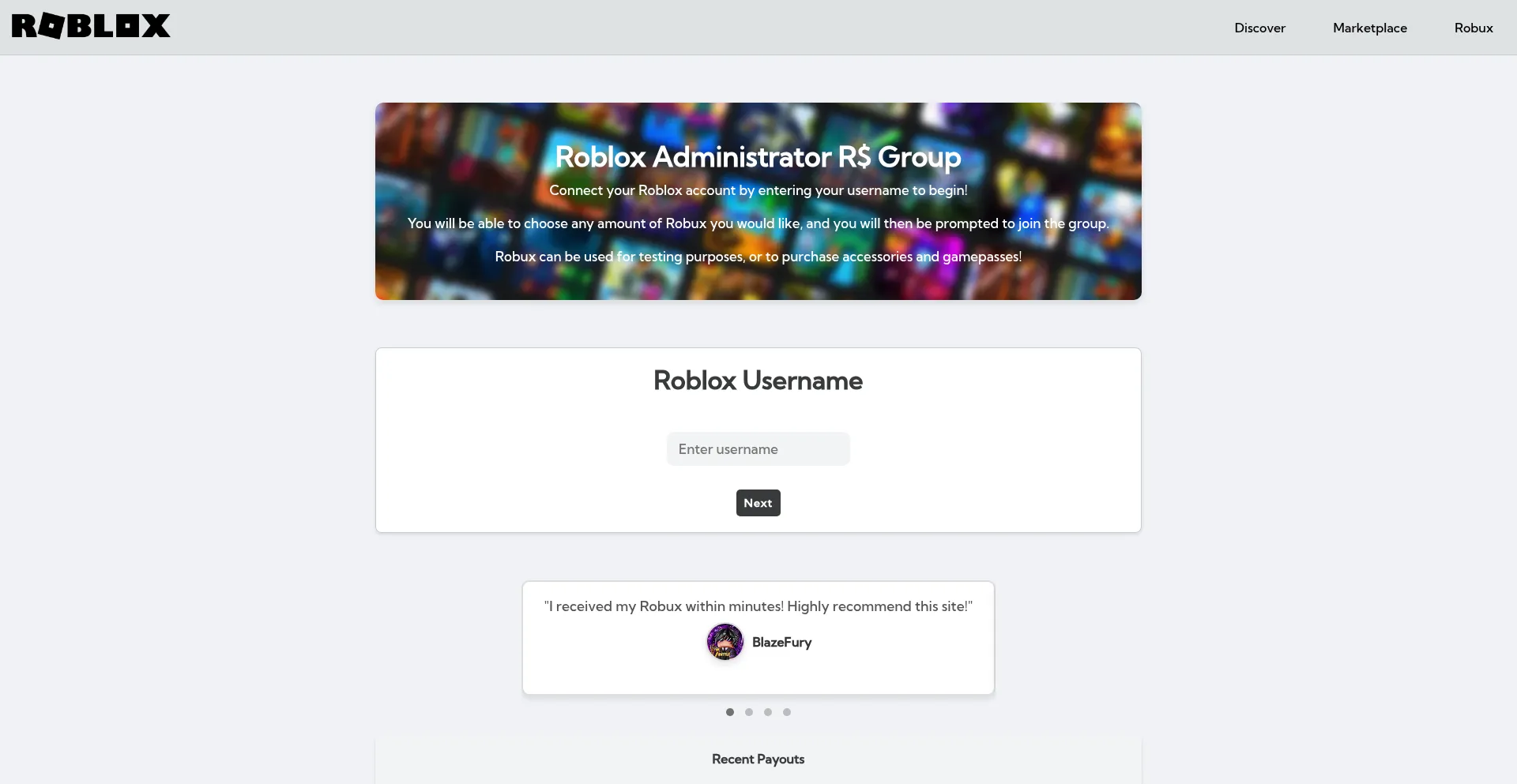Website screenshot of Rbux.net