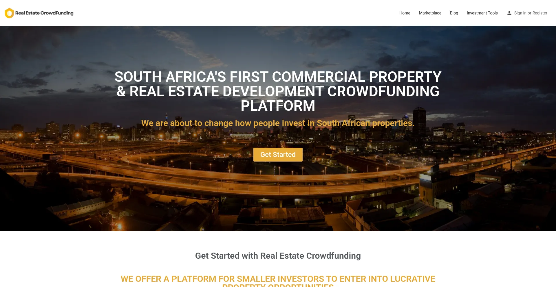 Website screenshot of Realestatecrowdfunding.co.za