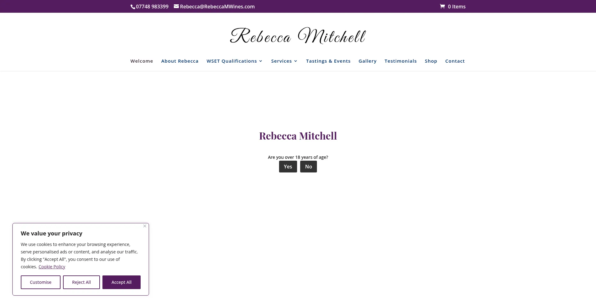 Website screenshot of Rebeccamwines.com
