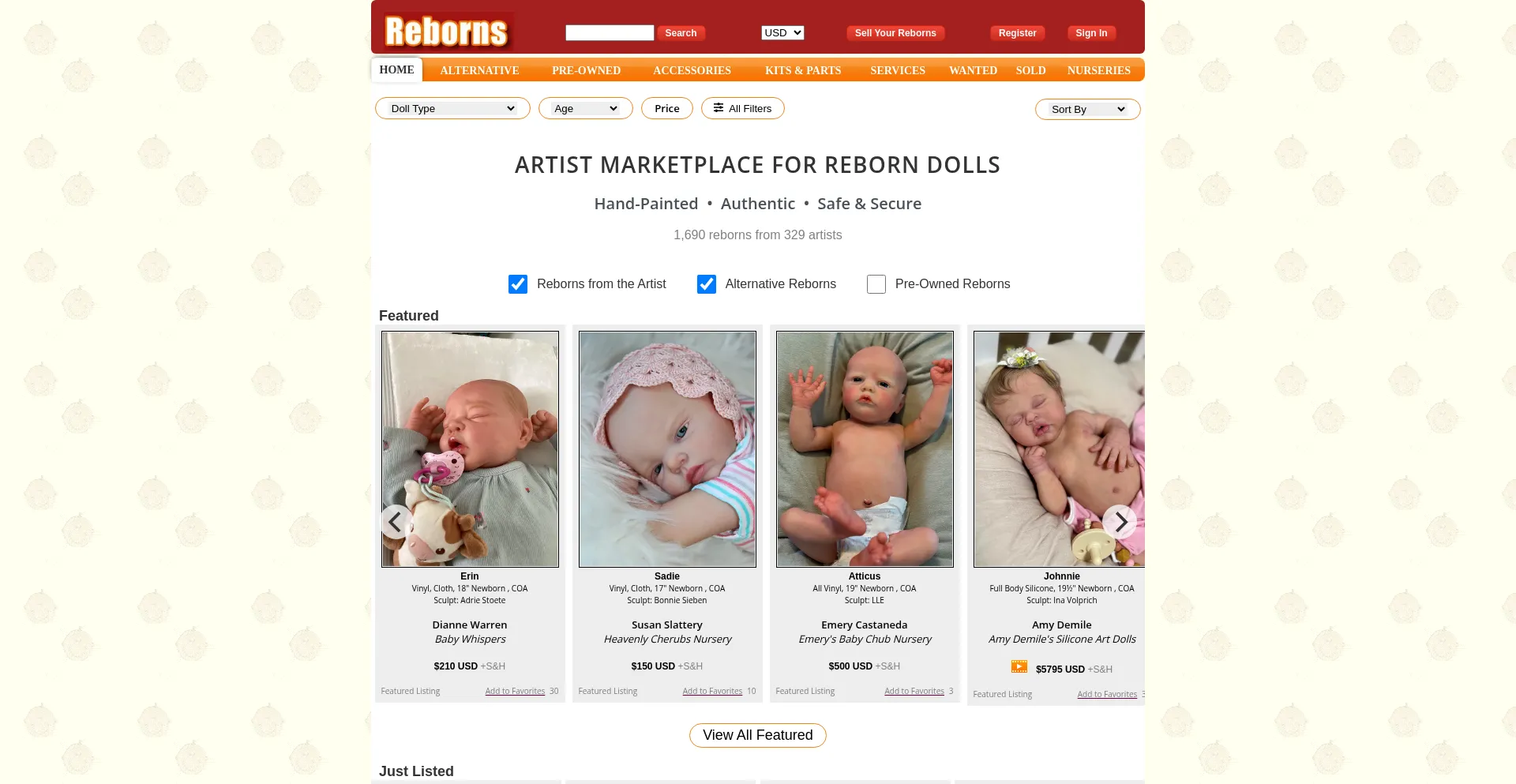 Website screenshot of Reborns.com