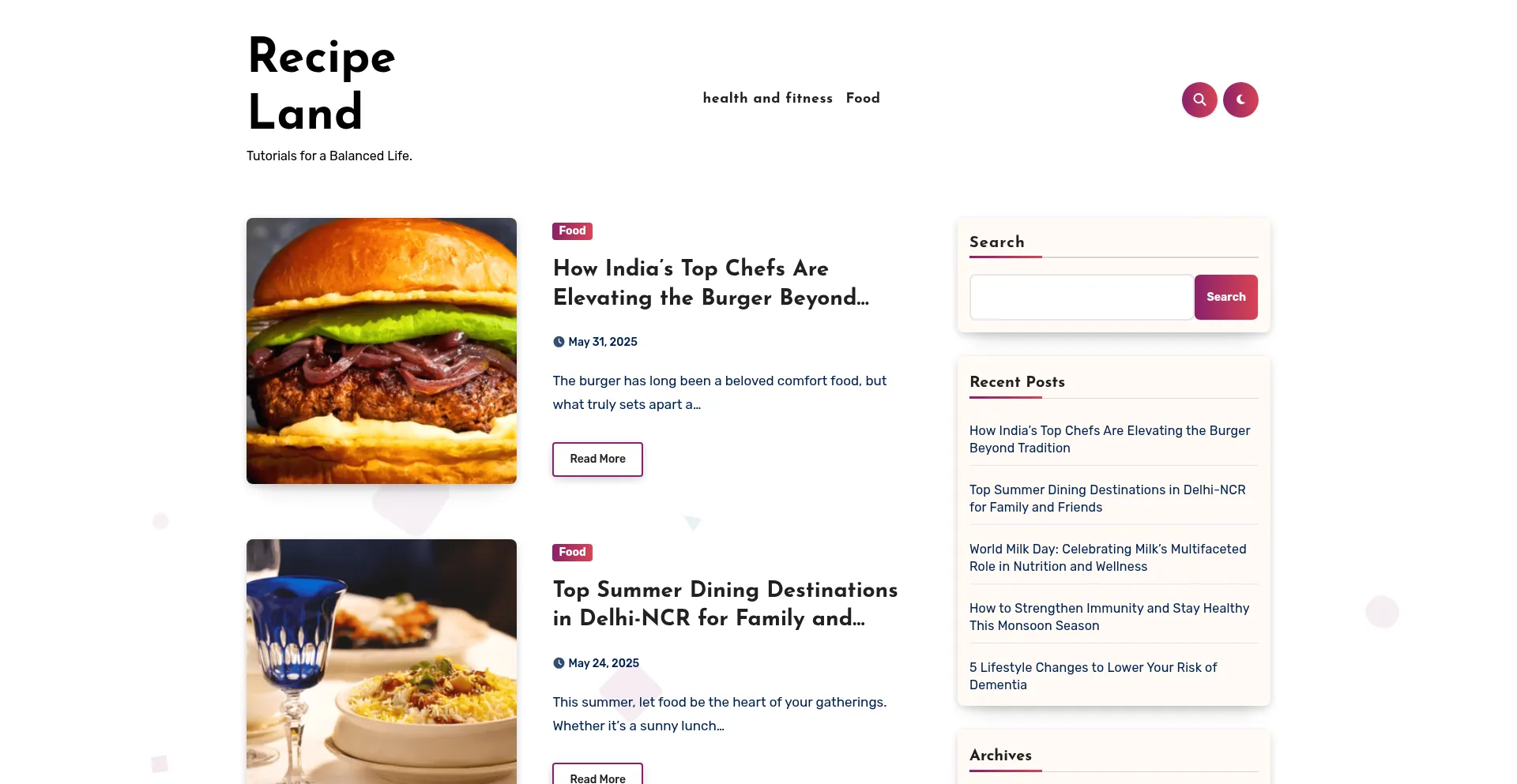 Website screenshot of Recipeland.in