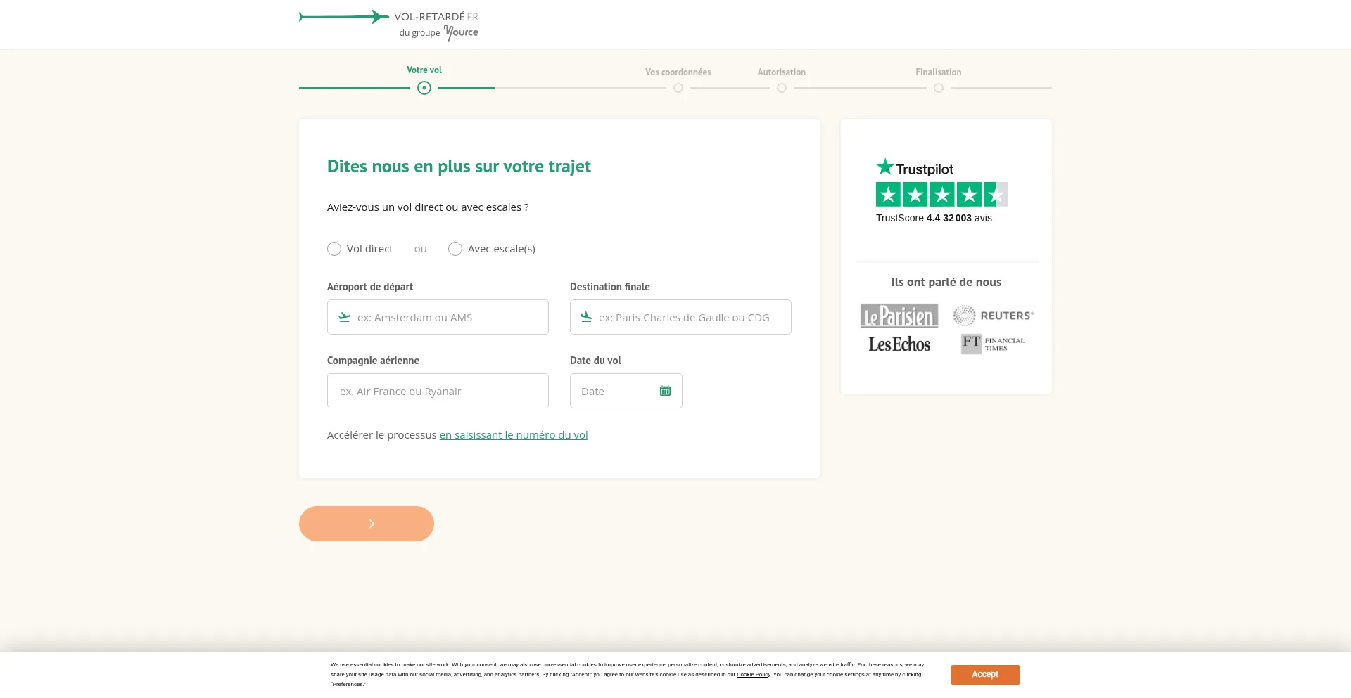 Website screenshot of Reclamation.vol-retarde.fr