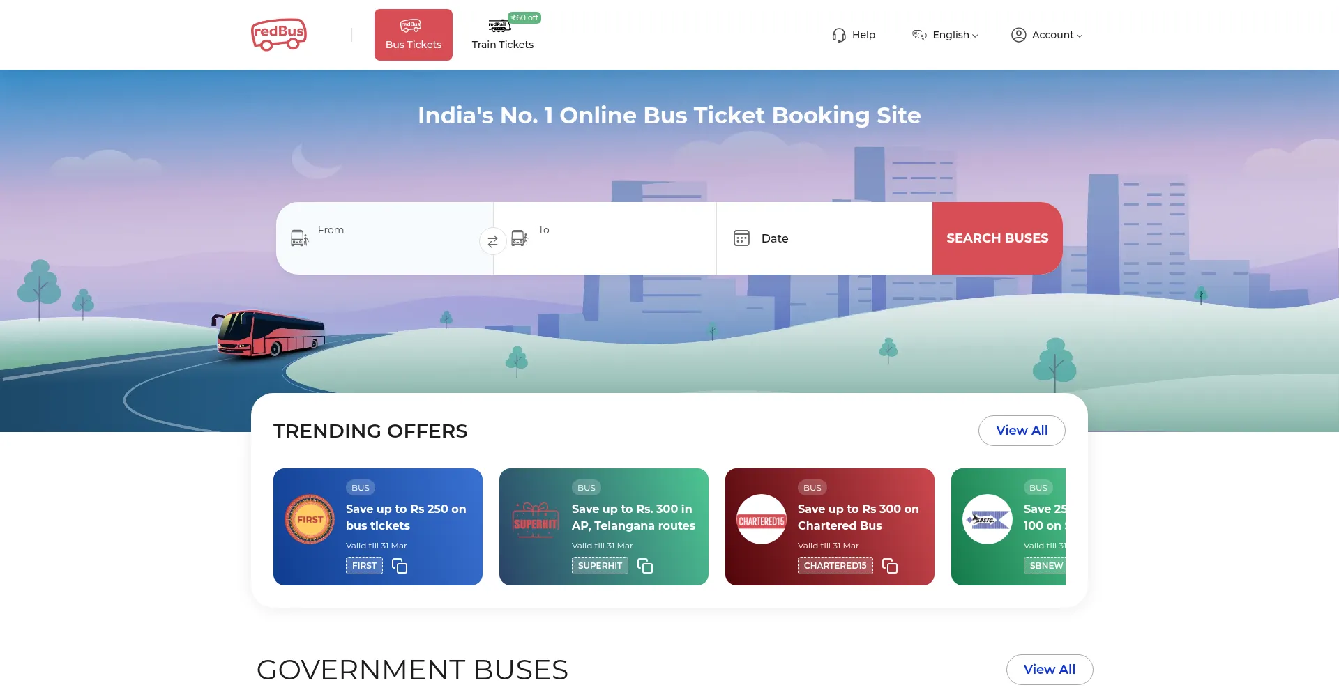 Website screenshot of Redbus.in