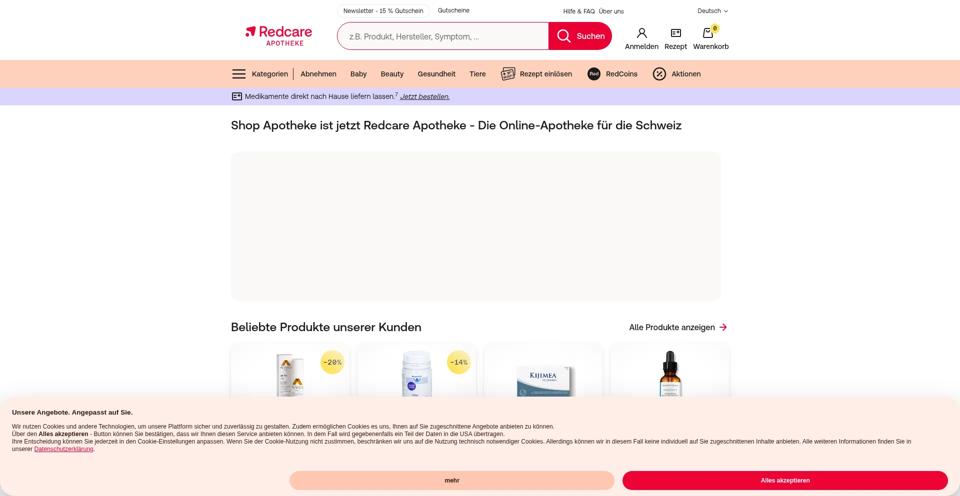 Website screenshot of Redcare-apotheke.ch