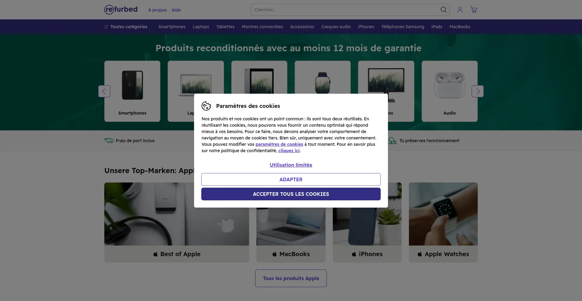 Website screenshot of Refurbed.fr
