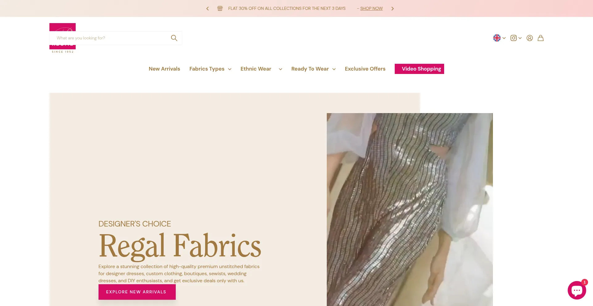 Website screenshot of Regalfabricgallery.com