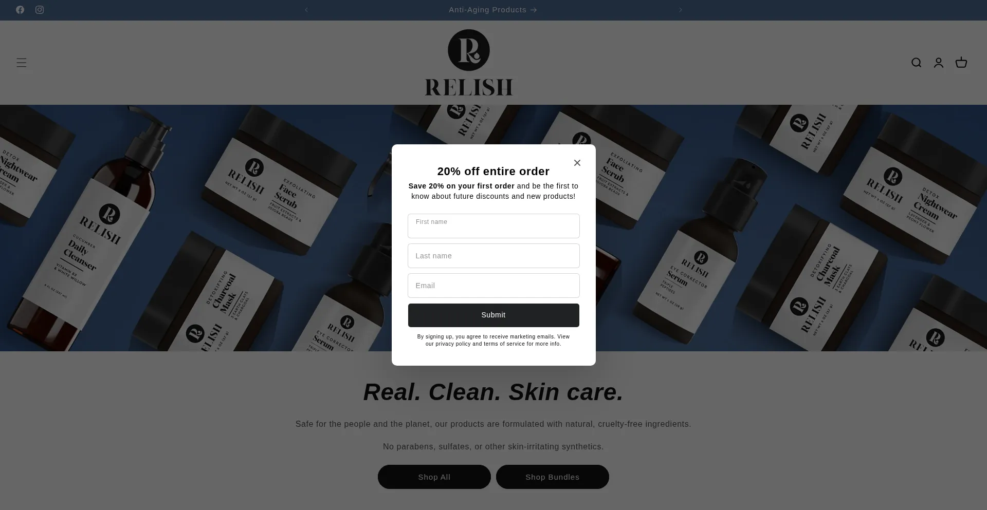 Website screenshot of Relishyourskin.com