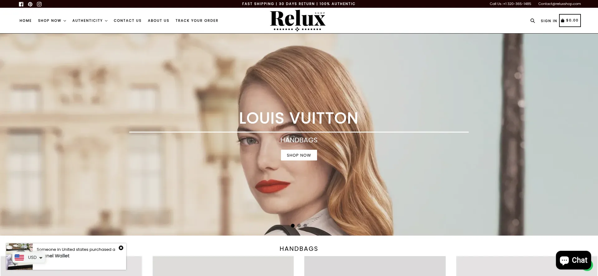 Website screenshot of Reluxshop.com