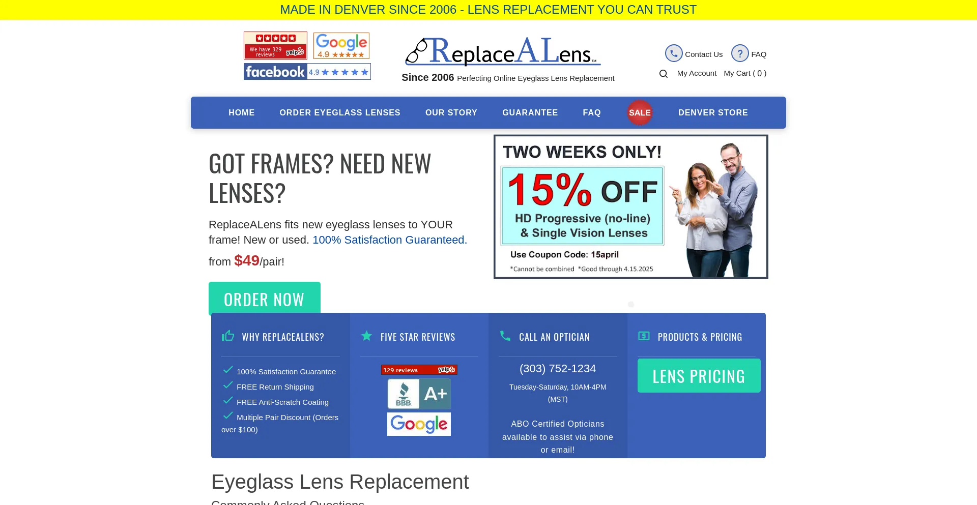 Website screenshot of Replacealens.com