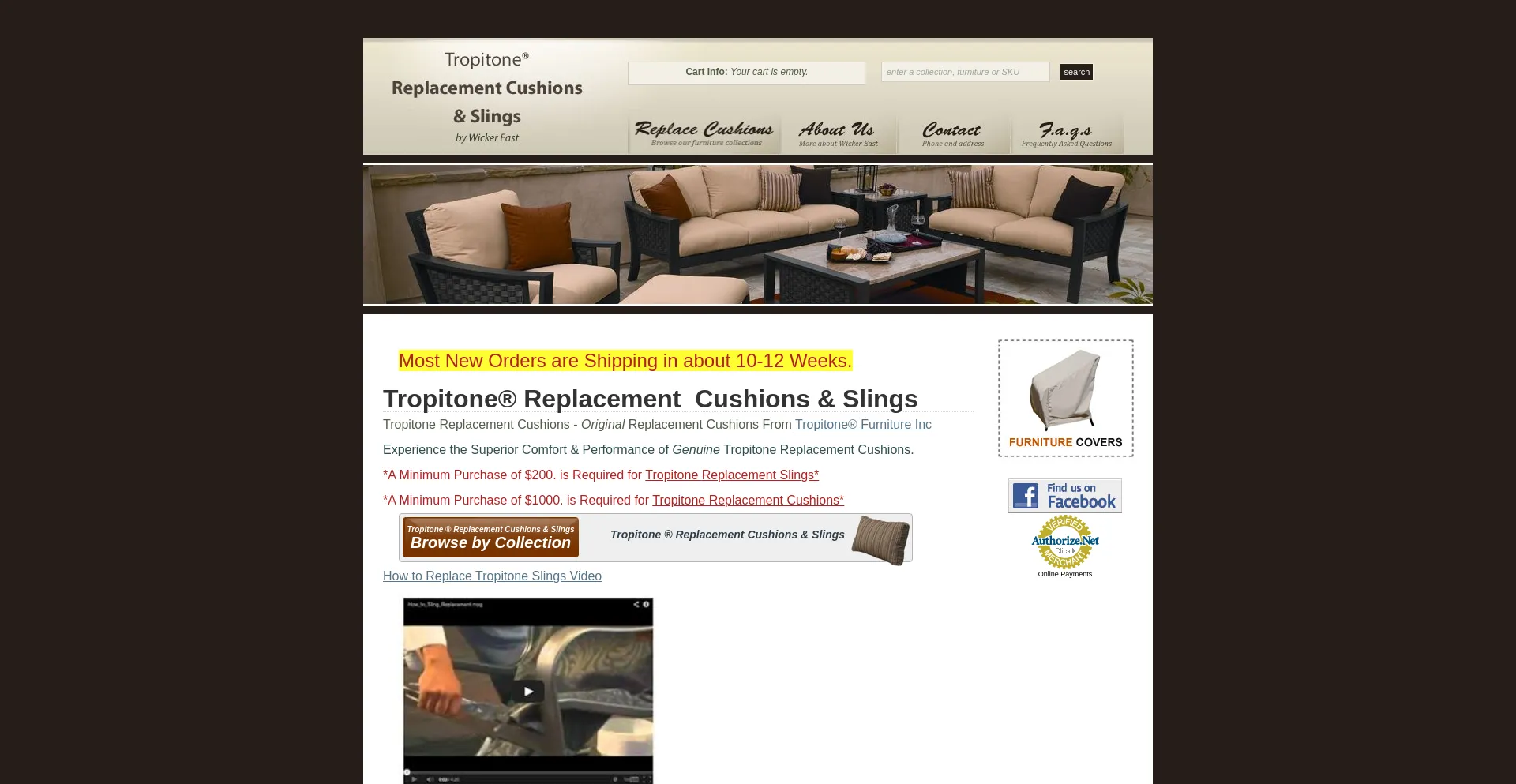 Website screenshot of Replacementcushionsandslings.com