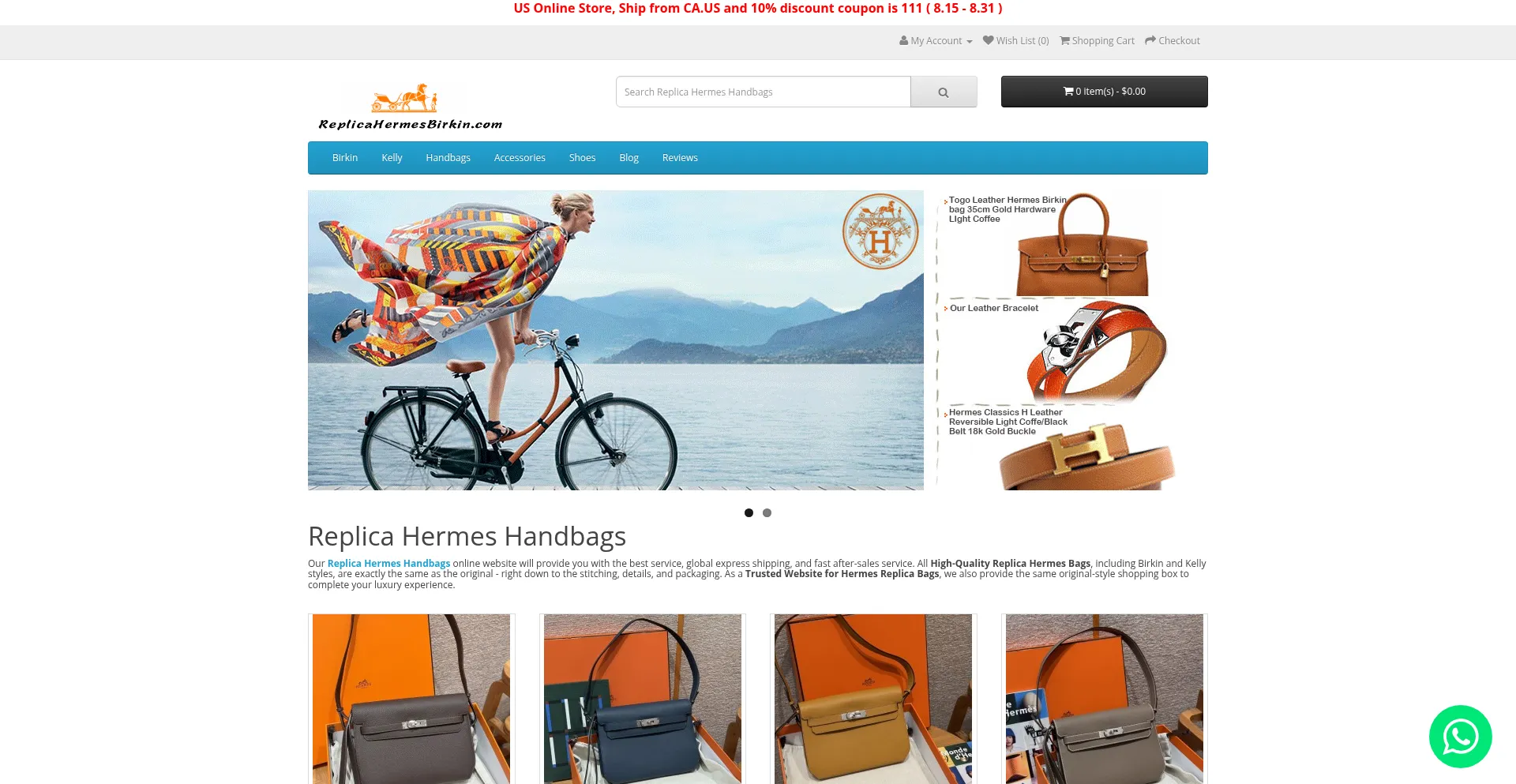 Website screenshot of Replicahermesbirkin.com