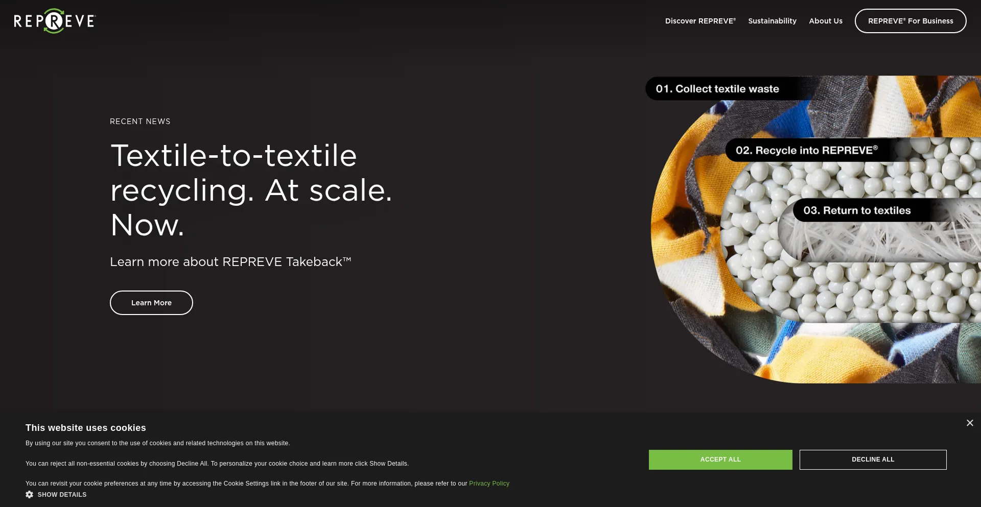Website screenshot of Repreve.com