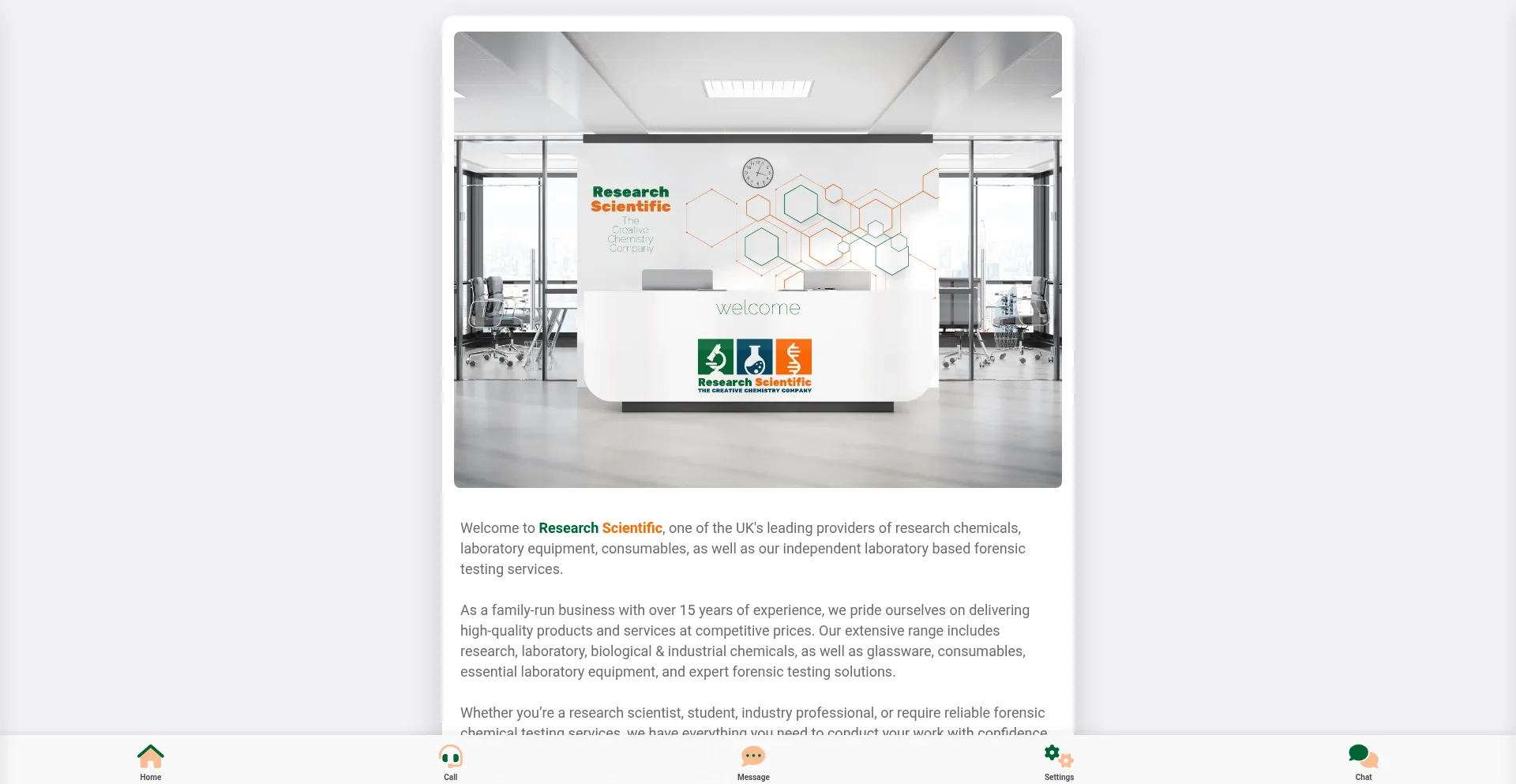 Website screenshot of Researchscientific.co.uk