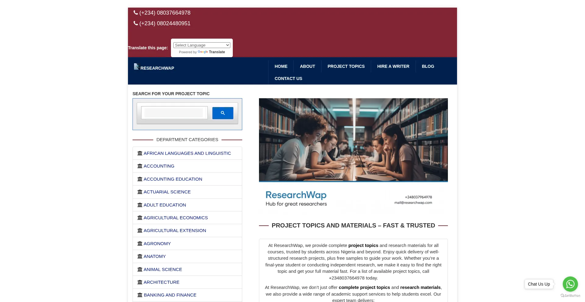 Website screenshot of Researchwap.com
