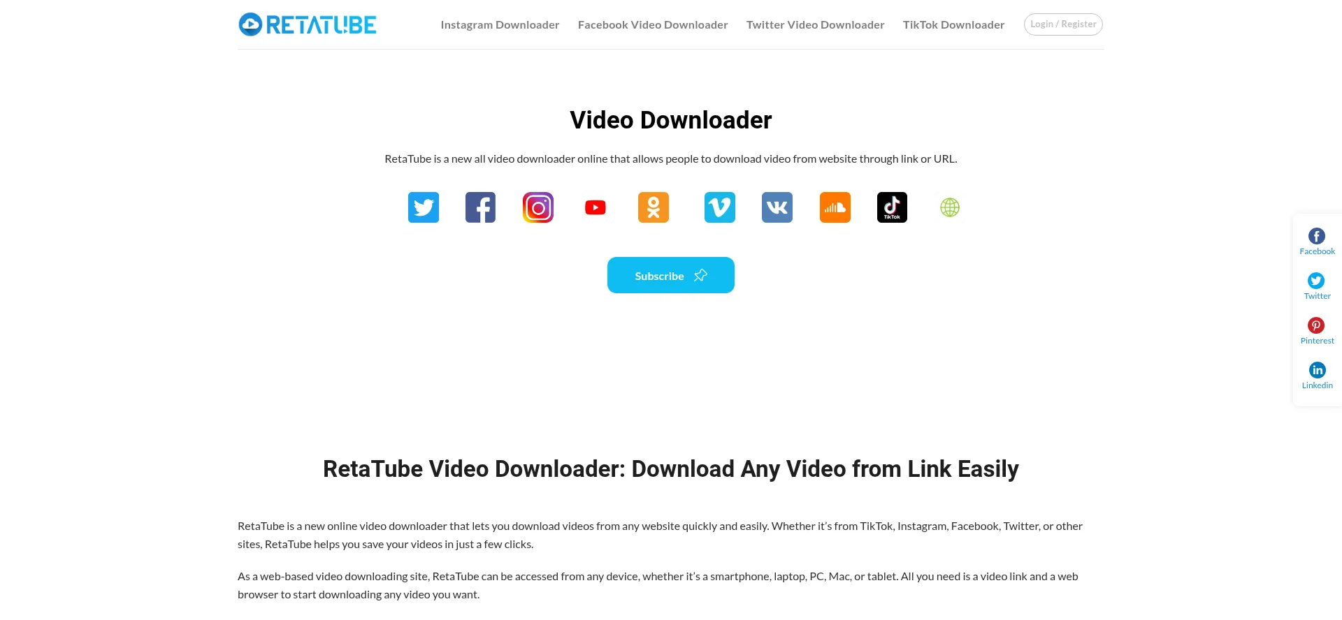 Website screenshot of Retatube.com