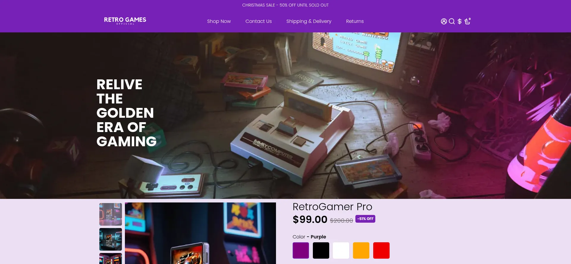 Website screenshot of Retrogamesofficial.com