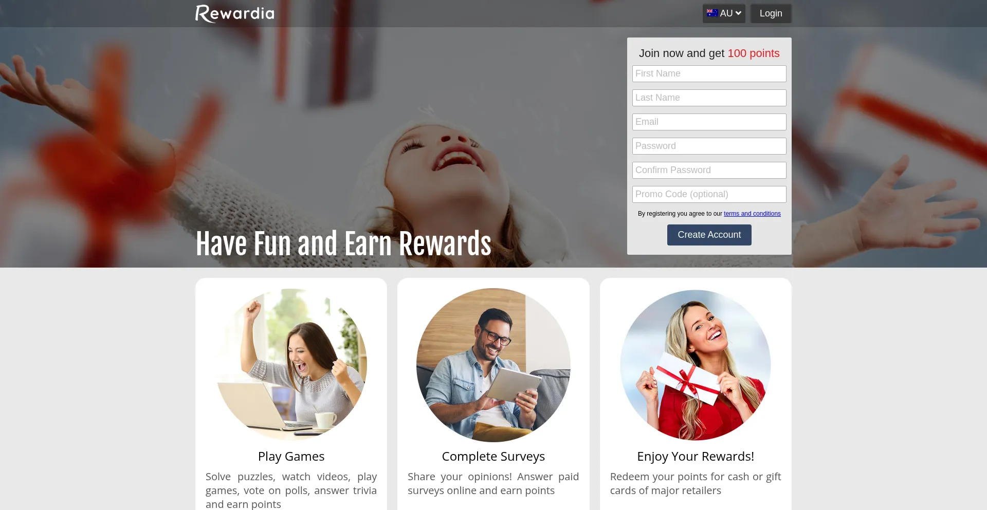 Website screenshot of Rewardia.com.au
